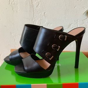 Open toe leather slide sandal, black